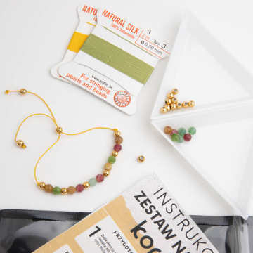 Zestaw do samodzielnego wykonania bransoletki na nici jedwabnej, dodatki ze stali chirurgicznej w kolorze złotym