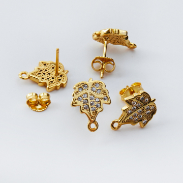 Srebrne bazy kolczyków listki z cyrkoniami z podiweszeniem AG925 pozłacane 13mm