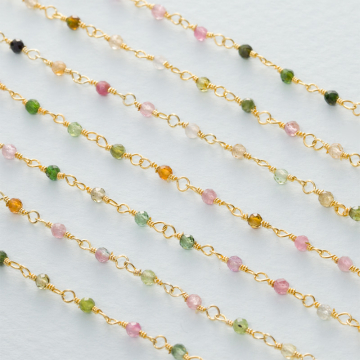 Łańcuch srebrny AG925 pozłacany z turmalinem fasetowanym 2mm