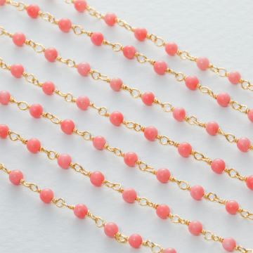 Łańcuch srebrny AG925 pozłacany z różowym koralem  3mm