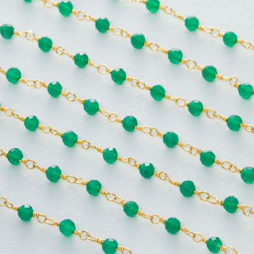 Łańcuch srebrny AG925 pozłacany z zielonym onyksem fasetowanym 3mm