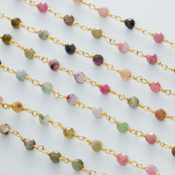 Łańcuch srebrny AG925 pozłacany z turmalinem fasetowanym 3.5mm