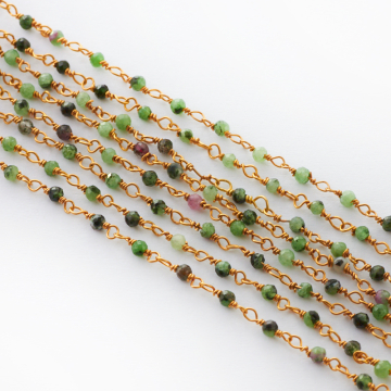 Srebrny łańcuch z zoisytem i rubinem mix pozłacany AG925 2mm