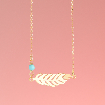 Srebrny, pozłacany naszyjnik pióro z koralikiem,  AG925 44cm