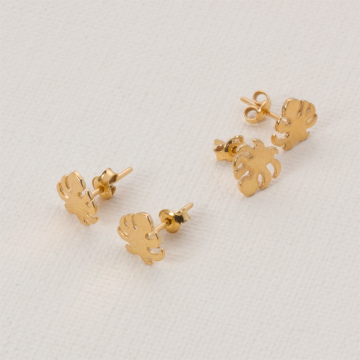 Kolczyki liść monstery z barankami pozłacane 10 mm