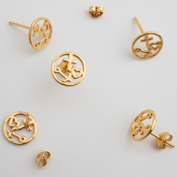 Srebrne kolczyki sztyfty wiara nadzieja, miłość pozłacane 9,5mm