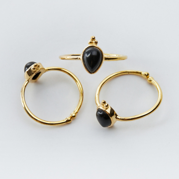 Srebrny pierścionek regulowany z onyksem łezka AG925 pozłacany 20mm