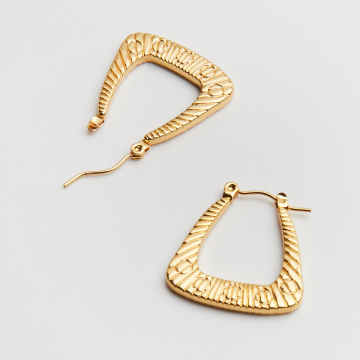 Kolczyki ze stali chirurgicznej ozdobny trapez w linie i kółka w kolorze złotym 25,5mm PVD