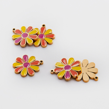 Zawieszka ze stali chirurgicznej emaliowana kwiatek żółto pomarańczowy w kolorze złotym 16,5mm PVD