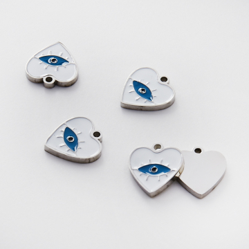 Zawieszka ze stali chirurgicznej emaliowana serce biało niebieskie w kolorze srebrnym 10mm