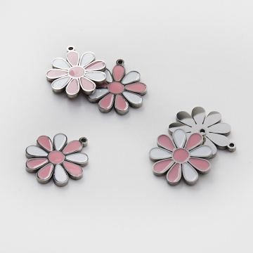 Zawieszka ze stali chirurgicznej emaliowana kwiatek biało różowy w kolorze srebrnym 16,5mm