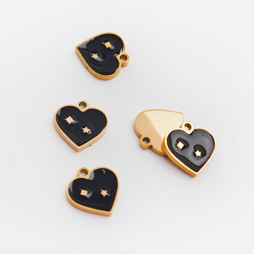Emaliowana zawieszka ze stali chirurgicznej serce z gwiazdkami czarne w kolorze złotym 10mm PVD