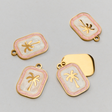 Zawieszka ze stali chirurgicznej emaliowana z palmą w kolorze złotym  19,5mm PVD