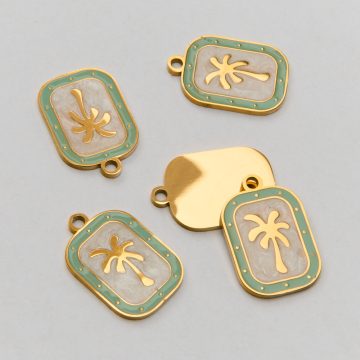 Zawieszka ze stali chirurgicznej emaliowana z palmą w kolorze złotym  19,5mm PVD