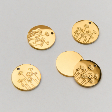 Zawieszka ze stali chirurgicznej kółko z grawerem kwiatów maków w kolorze złotym 13mm PVD