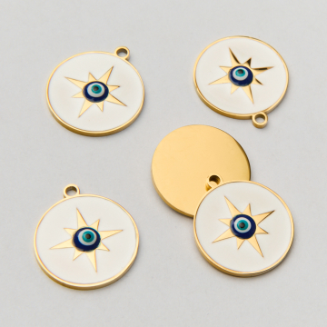 Emaliowana zawieszka ze stali chirurgicznej róża wiatrów w stylu greckim z okiem proroka w kolorze złotym 18mm PVD