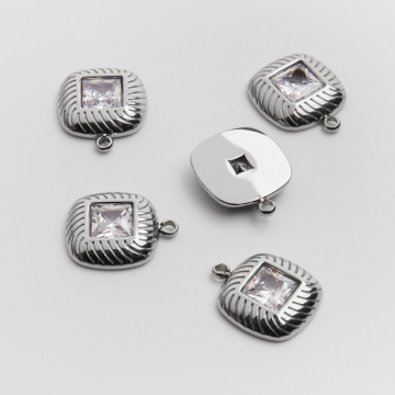 Zawieszka ze stali chirurgicznej kwadrat z dużą białą cyrkonią w kolorze srebrnym 14,5mm