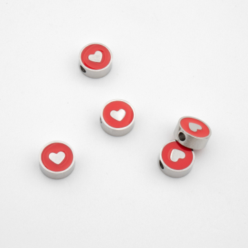 Koralik ze stali chirurgicznej serce z czerwoną emalią w kolorze srebrnym 8mm