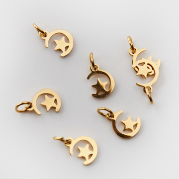 Mini zawieszka ze stali chirurgicznej księżyc z gwiazdką w kolorze złotym 8,5mm PVD