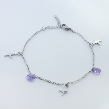 Bransoletka ze stali chirurgicznej linia życia z fioletową cyrkonią w kolorze srebrnym 19,5cm