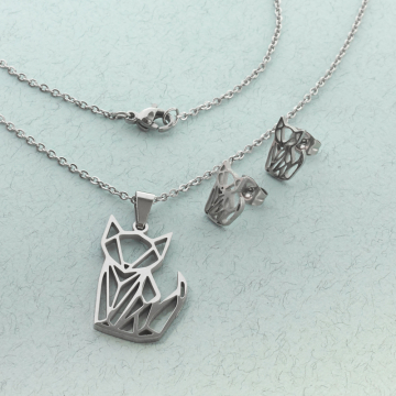 Komplet biżuterii ze stali chirurgicznej z kolczykami kotek origami w kolorze srebrnym 45cm