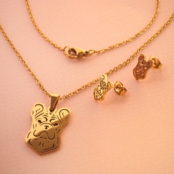 Komplet biżuterii ze stali chirurgicznej z kolczykami buldog w kolorze złotym 45cm