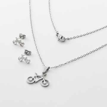 Komplet biżuterii ze stali chirurgicznej z kolczykami rowerek w kolorze srebrnym 45cm