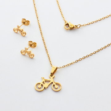 Komplet biżuterii ze stali chirurgicznej z kolczykami rowerek w kolorze złotym 45cm
