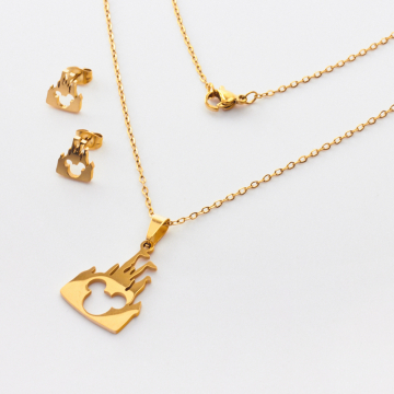 Komplet biżuterii ze stali chirurgicznej z kolczykami Myszka Miki w zamku w kolorze złotym 45cm