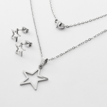 Komplet biżuterii ze stali chirurgicznej z kolczykami gwiazdka wycięta w kolorze srebrnym 45cm