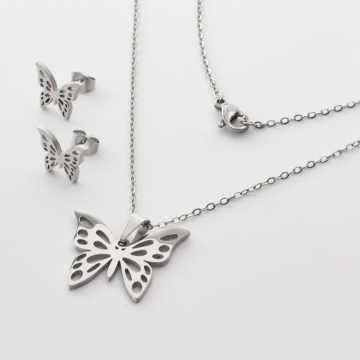 Komplet biżuterii ze stali chirurgicznej z kolczykami motyl w kolorze srebrnym 45cm