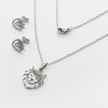 Komplet biżuterii ze stali chirurgicznej z kolczykami lew w kolorze srebrnym 45cm