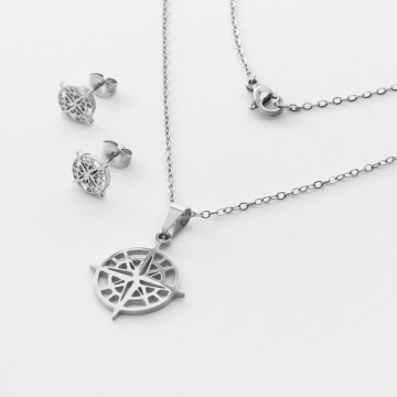 Komplet biżuterii ze stali chirurgicznej z kolczykami róża wiatrów w kolorze srebrnym 45cm