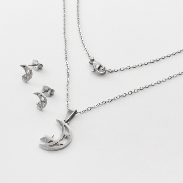 Komplet biżuterii ze stali chirurgicznej z kolczykami księżyc z gwiazdkami w kolorze srebrnym 45cm
