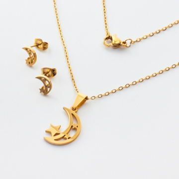 Komplet biżuterii ze stali chirurgicznej z kolczykami księżyc z gwiazdkami w kolorze złotym 45cm