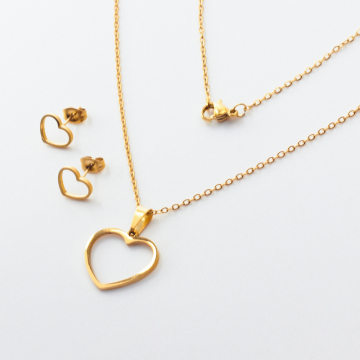 Komplet biżuterii ze stali chirurgicznej z kolczykami serce wycięte w kolorze złotym 45cm