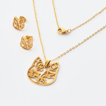 Komplet biżuterii ze stali chirurgicznej z kolczykami głowa kotka w kwiatki w kolorze złotym 45cm