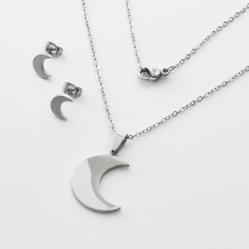 Komplet biżuterii ze stali chirurgicznej z kolczykami księżyc pełny w kolorze srebrnym 45cm
