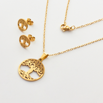 Komplet biżuterii ze stali chirurgicznej z kolczykami drzewo rodziny w kolorze złotym 45cm