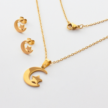 Komplet biżuterii ze stali chirurgicznej z kolczykami księżyc z gwiazdką w kolorze złotym 45cm