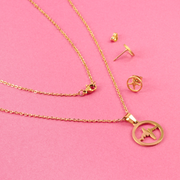 Komplet biżuterii ze stali chirurgicznej linia życia w kółku w kolorze złotym 45cm