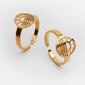 Pierścionek regulowany ze stali chirurgicznej z słońcem i falami w kolorze złotym 20mm