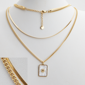 Naszyjnik podwójny z zawieszką z masy perłowej w kolorze złotym 47cm PVD