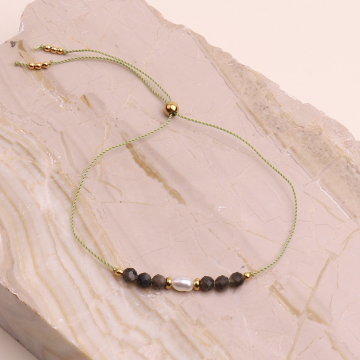 Bransoletka "2" handmade z obsydianem i perłami naturalnymi