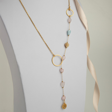 Naszyjnik z morganitem i łańcuszkiem typu ankier ze stali w kolorze złotym
