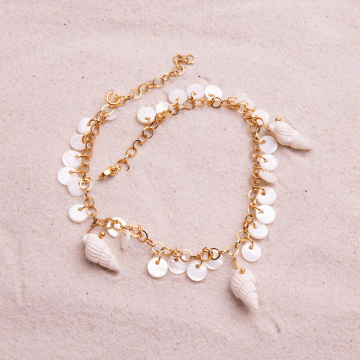 Bransoletka ze stali na nogę z muszelkami i masą perłową