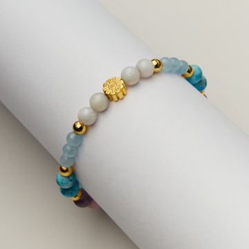 Bransoletka na lince z naturalnymi kamieniami i stokrotką z hematytu