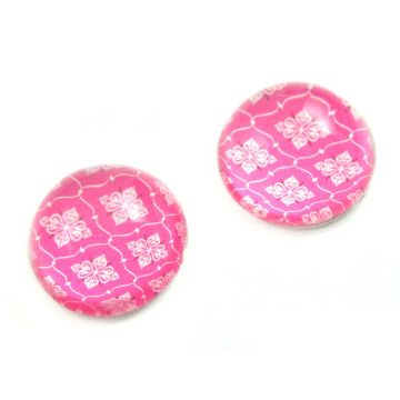 Kaboszon szklany okrągły różowe kwiatki 20mm