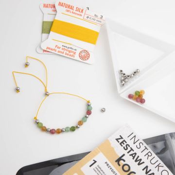 Zestaw do samodzielnego wykonania bransoletki na nici jedwabnej, dodatki ze stali chirurgicznej w kolorze srebrnym