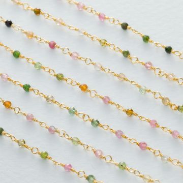 Łańcuch srebrny AG925 pozłacany z turmalinem fasetowanym 2mm